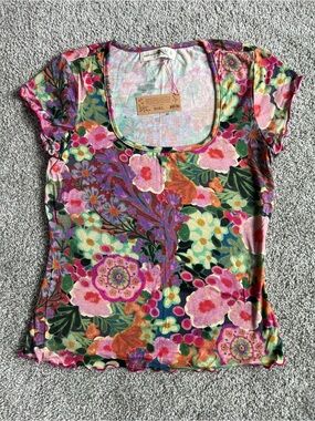 NATURAL LIFE Devon Butter-Soft Short Sleeve Top - Pink Painted Garden Scoop Neck